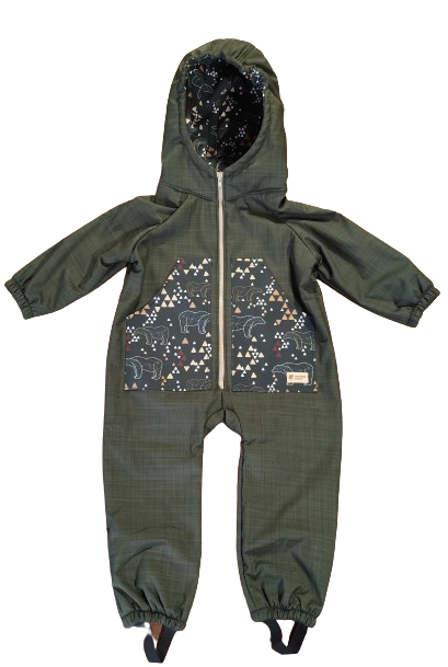 Monkey Mum® Kinder winter-softshelloverall met teddyvoering - Khaki jager met beer - maat 98/104, 110/116