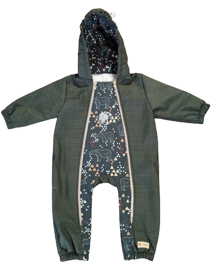 Monkey Mum® Kinder winter-softshelloverall met teddyvoering - Khaki jager met beer - maat 62/68, 74/80