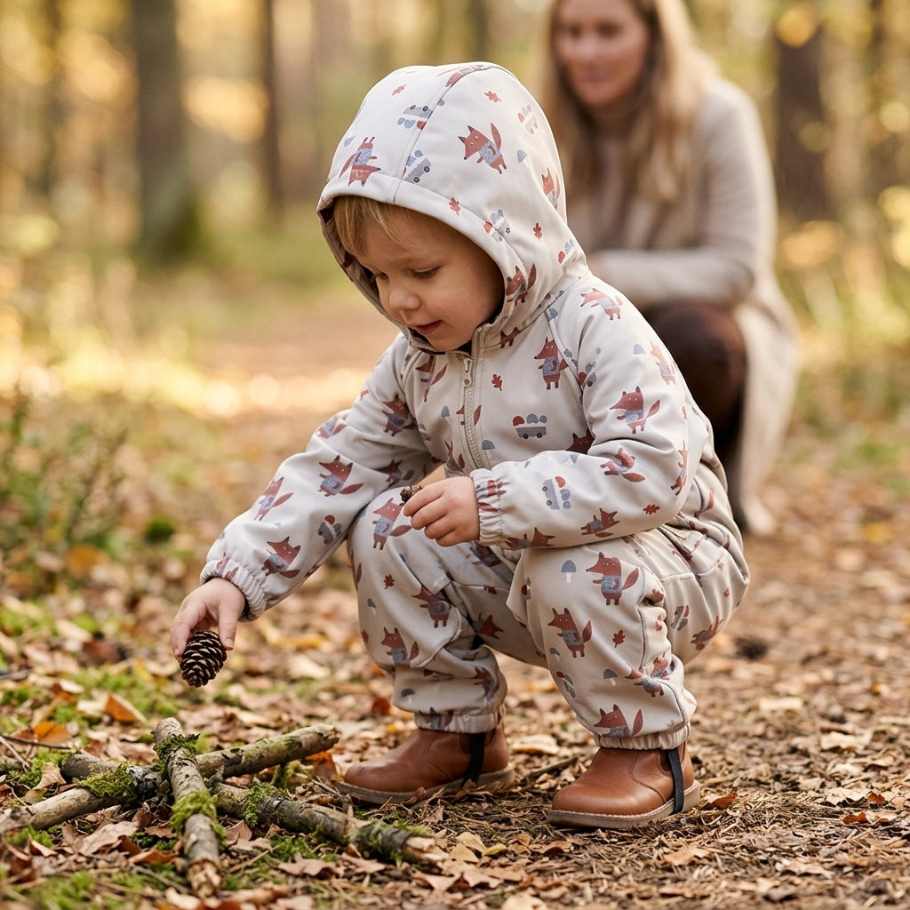 Monkey Mum® softshell-onesie met membraan – Vossen op paddenstoelen - maat 98/104, 110/116