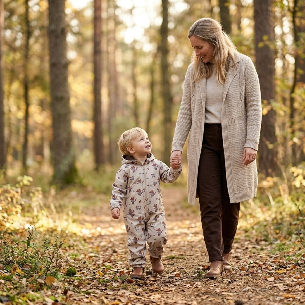 Monkey Mum® softshell-onesie met membraan – Vossen op paddenstoelen - maat 98/104, 110/116
