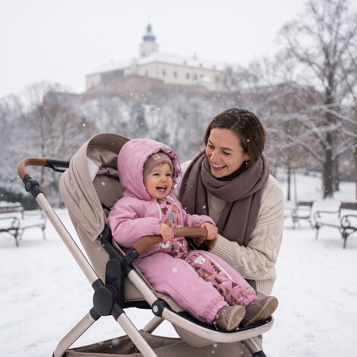 Monkey Mum® Kinder winter-softshelloverall met teddyvoering - Roze schaapje in het bos - maat 62/68, 74/80