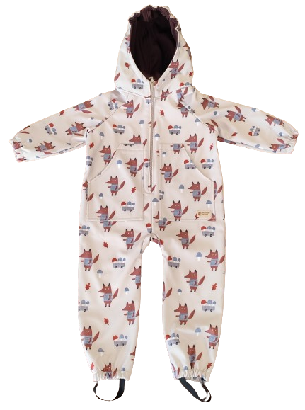 Monkey Mum® softshell-onesie met membraan – Vossen op paddenstoelen - maat 98/104, 110/116