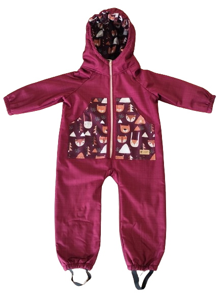 Monkey Mum® Kinder winter-softshelloverall met teddyvoering - Bordeauxrood Roodkapje in het bos - maat 98/104, 110/116