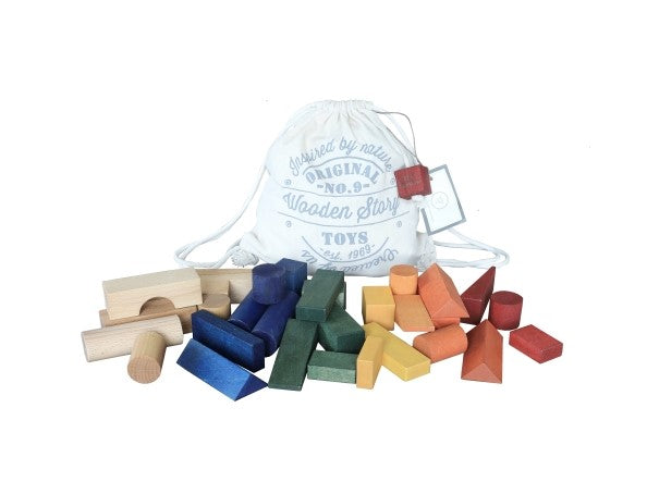 Wooden Story Dobbelstenen in XL katoenen zakje - 30 stuks - Regenboog