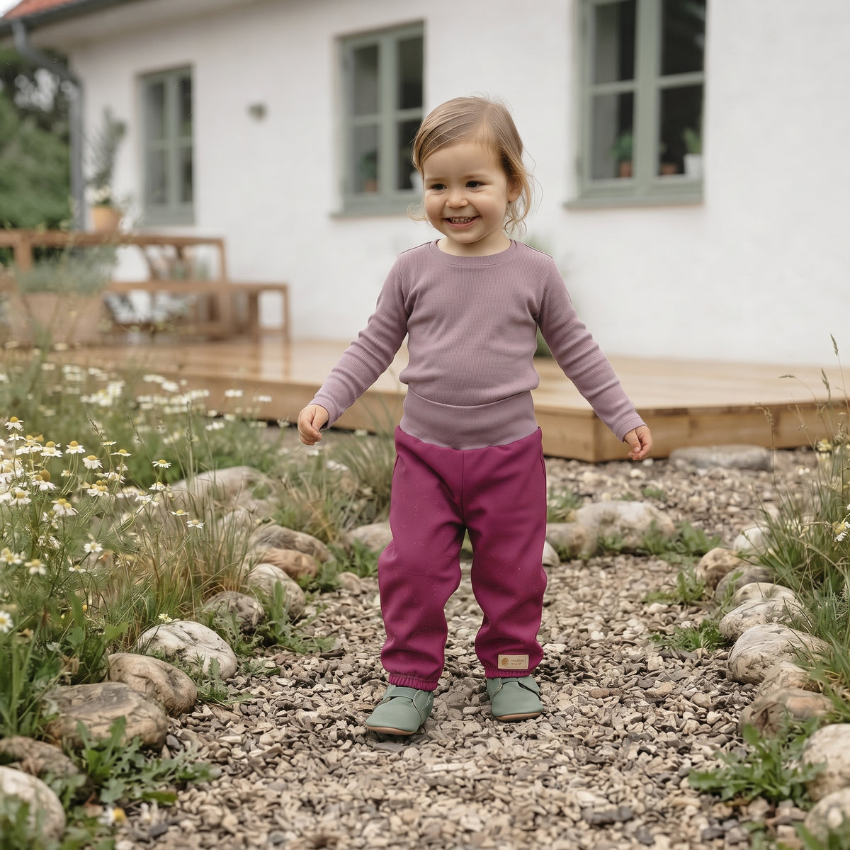 Meegroeiende softshellbroek voor kinderen met membraan Monkey Mum® - Sappige framboos