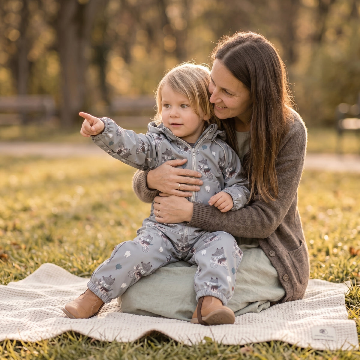 Monkey Mum® Softshelloverall met membraan – Wolven op de fiets - maat 98/104, 110/116