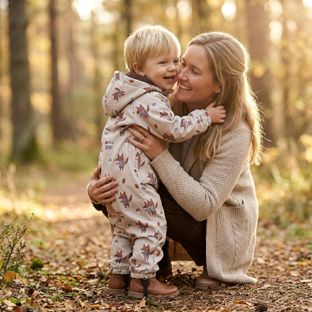 Monkey Mum® softshell-onesie met membraan – Vossen op paddenstoelen - maat 98/104, 110/116