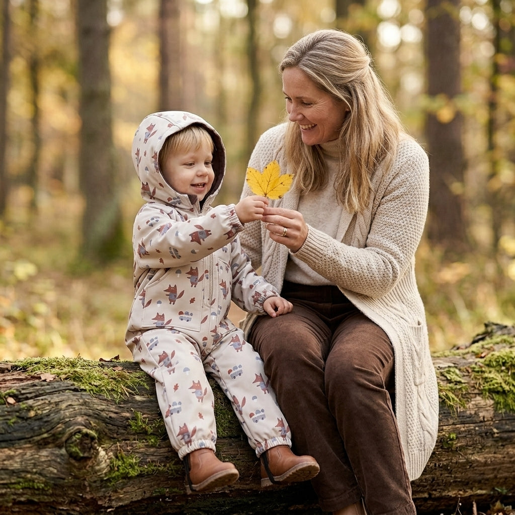 Monkey Mum® softshell-onesie met membraan – Vossen op paddenstoelen - maat 98/104, 110/116