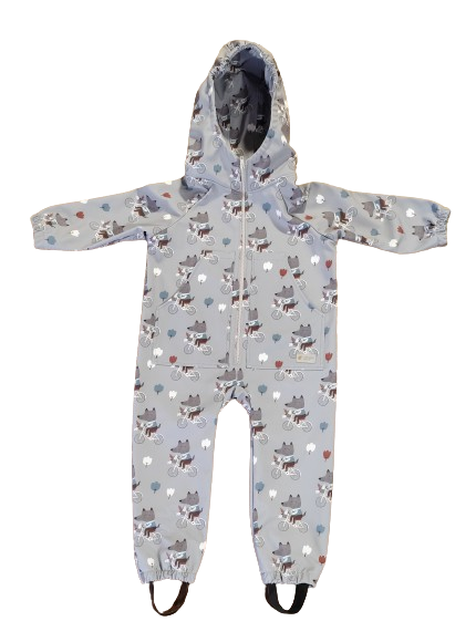 Monkey Mum® Softshelloverall met membraan – Wolven op de fiets - maat 98/104, 110/116